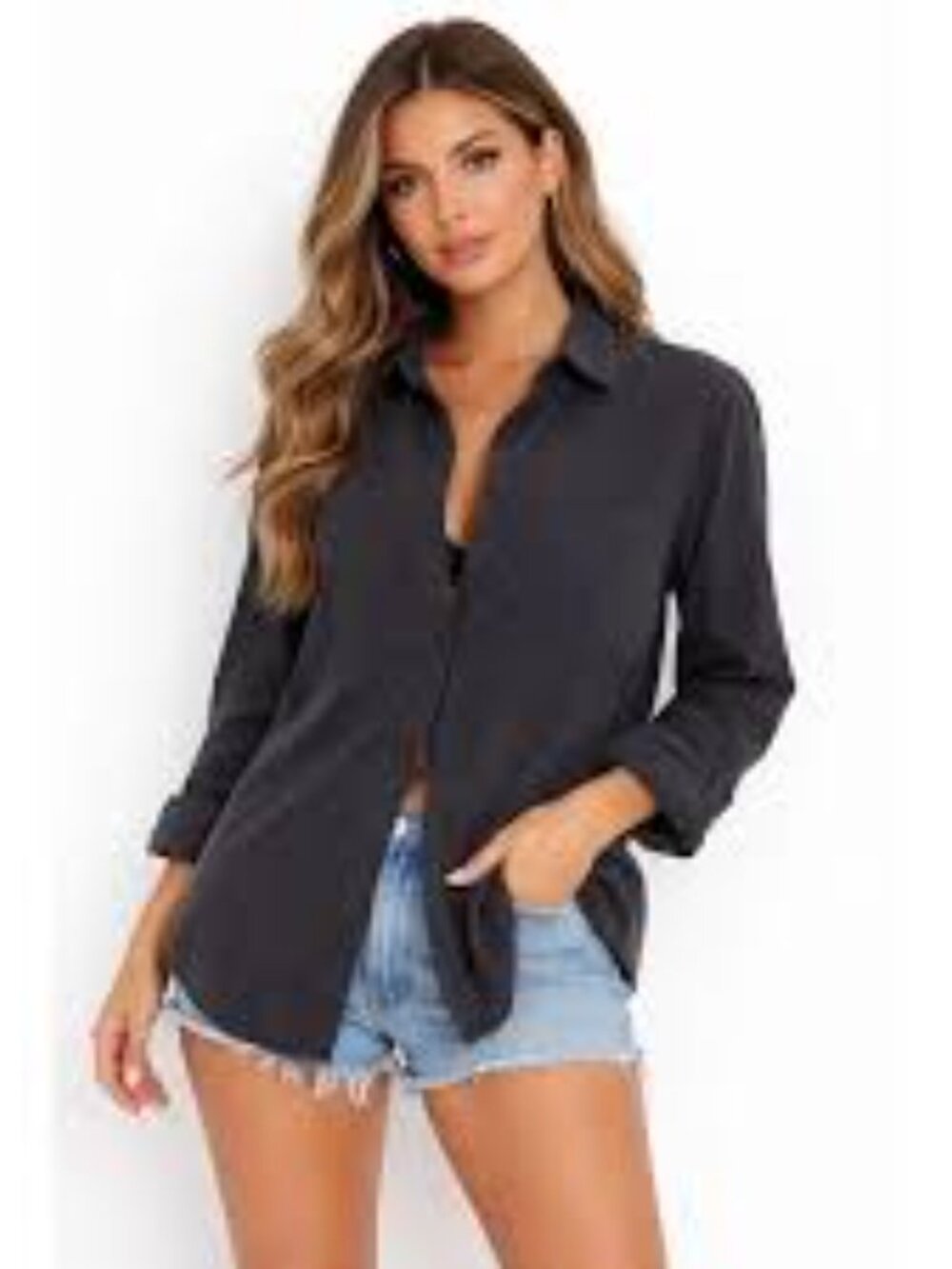 Cosmic Blue Love Black Button Front Long Sleeve Top Size S NWT